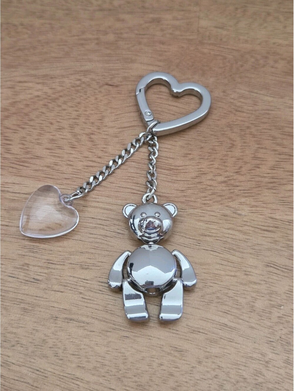 Cute Silver Tone Teddy Bear Heart Keychain Purse Charm Clear Heart Dangle